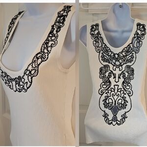 Boston Proper tank XS white with black embroidery and beads, cutout back design